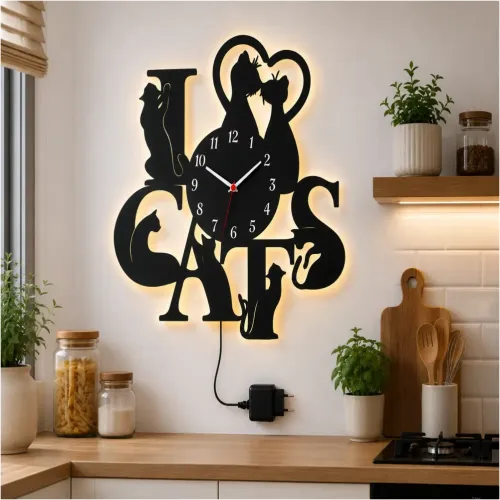 KEDİ TEMALI RGB Uzaktan Kumandalı 40x40cm Siyah MDF Duvar Sa…