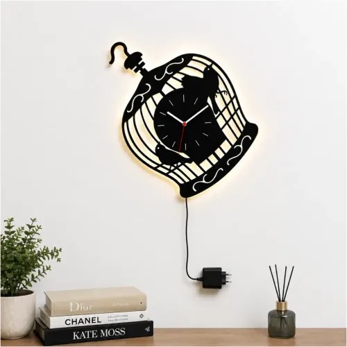 KUŞ KAFESİ TEMALI RGB Uzaktan Kumandalı 40x40cm Siyah MDF Duvar Saati