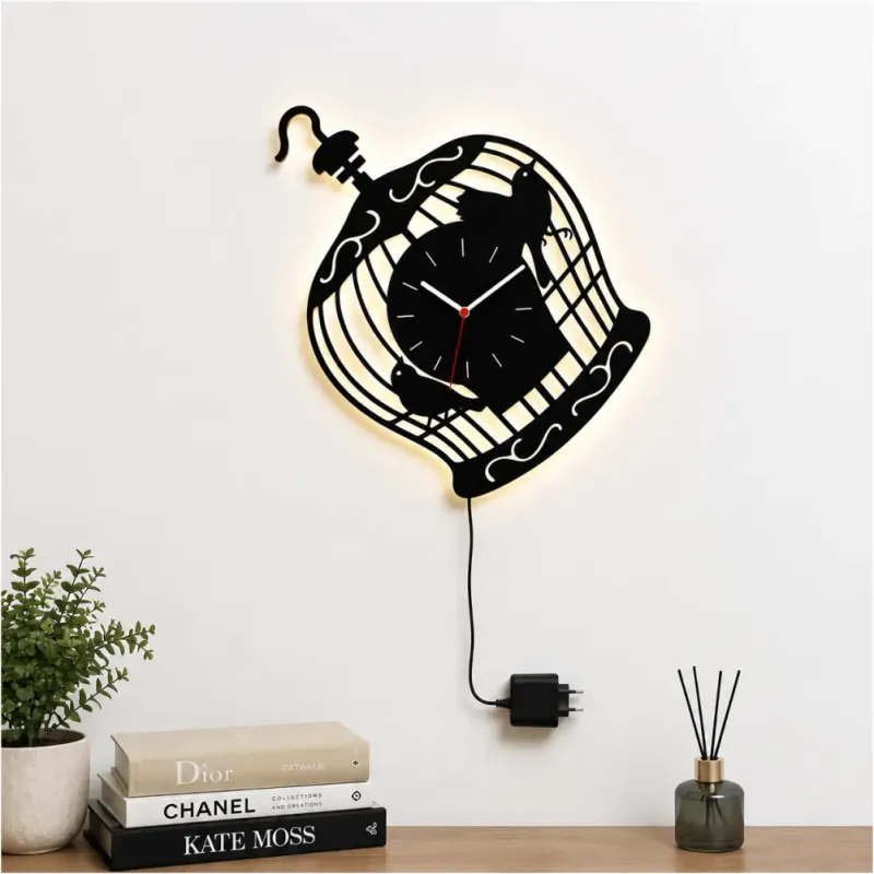 KUŞ KAFESİ TEMALI RGB Uzaktan Kumandalı 40x40cm Siyah MDF Duvar Saati