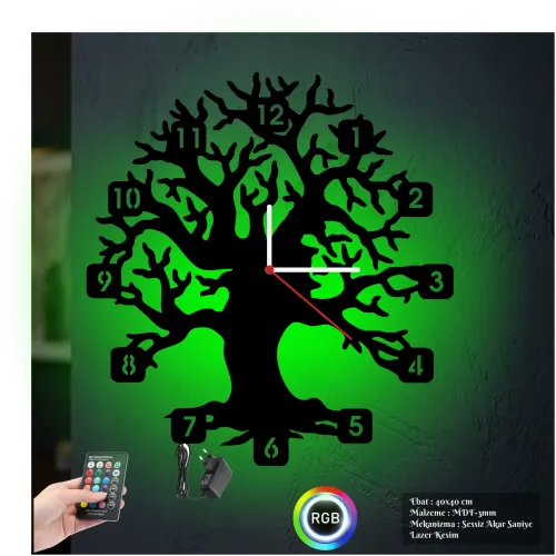 Ağaç Temalı RGB Uzaktan Kumandalı 40x40cm Siyah MDF Duvar Saati