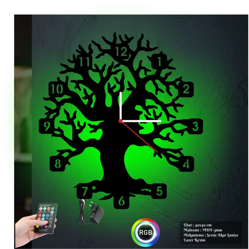 Ağaç Temalı RGB Uzaktan Kumandalı 40x40cm Siyah MDF Duvar Saati