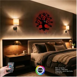 Ağaç Temalı RGB Uzaktan Kumandalı 40x40cm Siyah MDF Duvar Saati