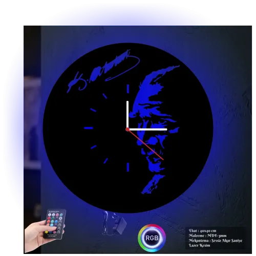 Atatürk Temalı RGB Uzaktan Kumandalı 40x40cm Siyah MDF Duvar Saati