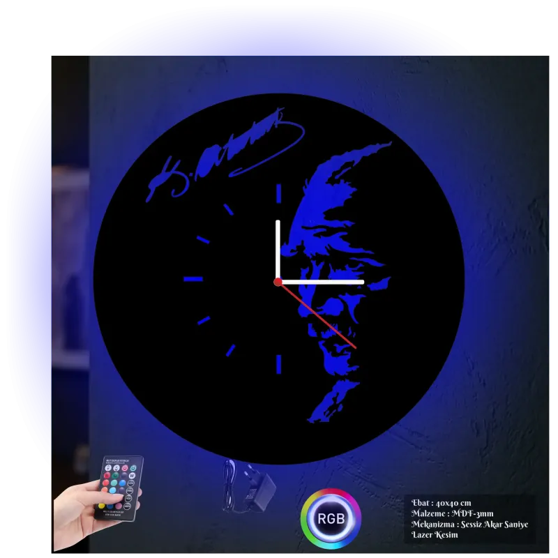 Atatürk Temalı RGB Uzaktan Kumandalı 40x40cm Siyah MDF Duvar Saati