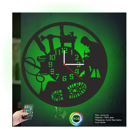 Ayakkabı Tamircisi Temalı RGB Uzaktan Kumandalı 40x40cm Siyah MDF Duvar Saati