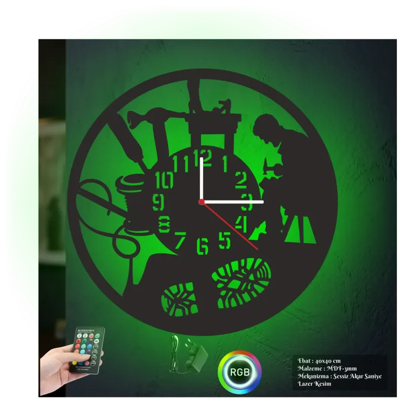 Ayakkabı Tamircisi Temalı RGB Uzaktan Kumandalı 40x40cm Siyah MDF Duvar Saati