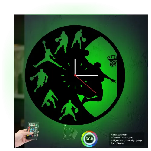 Basketbol Temalı RGB Uzaktan Kumandalı 40x40cm Siyah MDF Duvar Saati