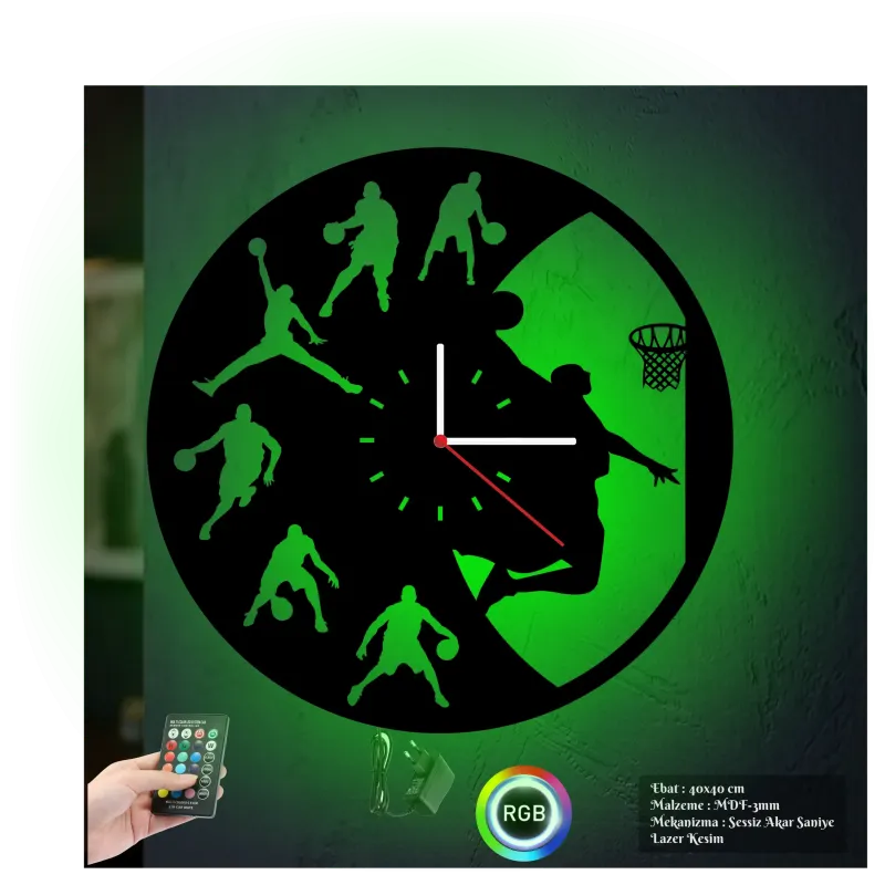 Basketbol Temalı RGB Uzaktan Kumandalı 40x40cm Siyah MDF Duvar Saati