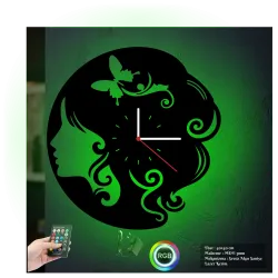 Bayan Kuaförü Temalı RGB Uzaktan Kumandalı 40x40cm Siyah MDF Duvar Saati