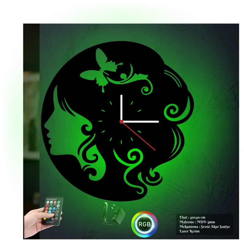 Bayan Kuaförü Temalı RGB Uzaktan Kumandalı 40x40cm Siyah MDF Duvar Saati