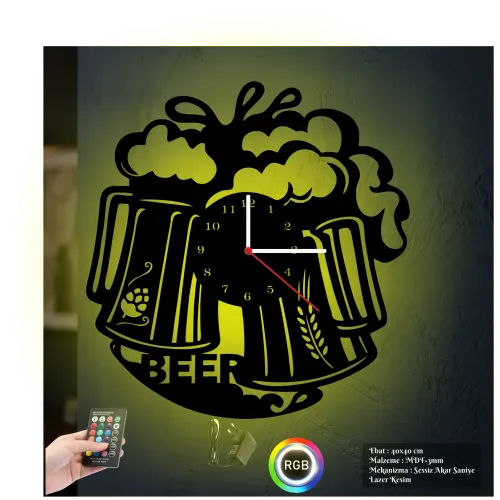 Bira Temalı RGB Uzaktan Kumandalı 40x40cm Siyah MDF Duvar Saati