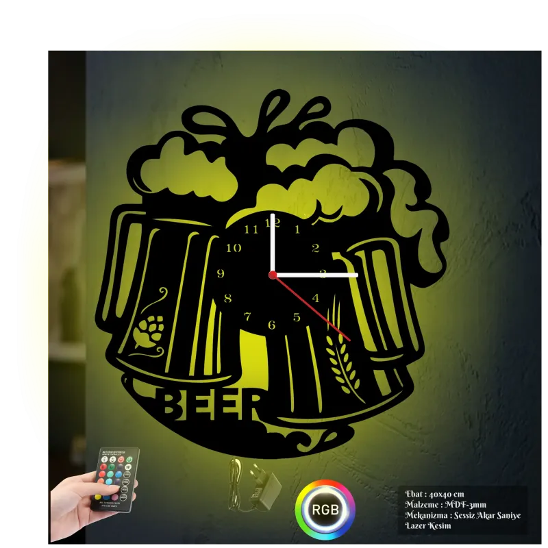 Bira Temalı RGB Uzaktan Kumandalı 40x40cm Siyah MDF Duvar Saati