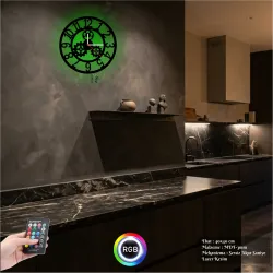 Çark Dişli Temalı RGB Uzaktan Kumandalı 40x40cm Siyah MDF Duvar Saati