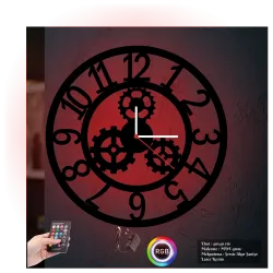Çark Dişli Temalı RGB Uzaktan Kumandalı 40x40cm Siyah MDF Duvar Saati