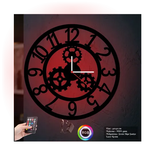 Çark Dişli Temalı RGB Uzaktan Kumandalı 40x40cm Siyah MDF Duvar Saati