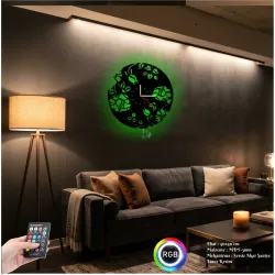 Çiçek Temalı RGB Uzaktan Kumandalı 40x40cm Siyah MDF Duvar Saati