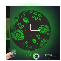 Çiçek Temalı RGB Uzaktan Kumandalı 40x40cm Siyah MDF Duvar Saati
