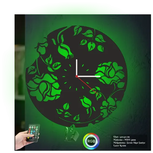 Çiçek Temalı RGB Uzaktan Kumandalı 40x40cm Siyah MDF Duvar Saati