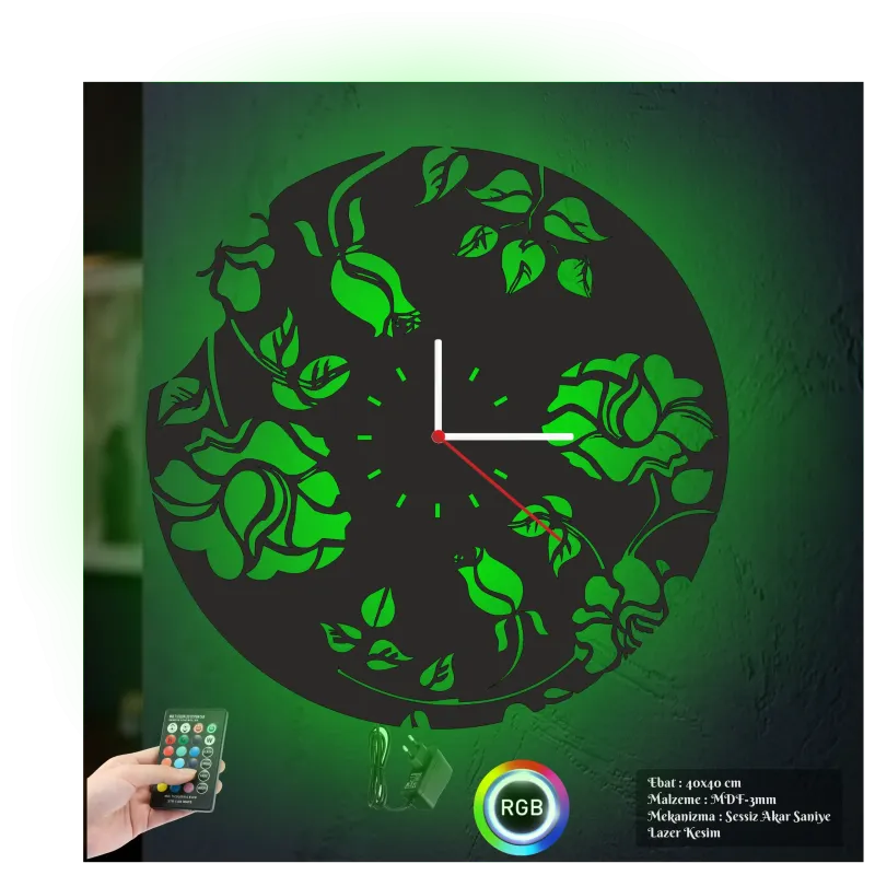Çiçek Temalı RGB Uzaktan Kumandalı 40x40cm Siyah MDF Duvar Saati