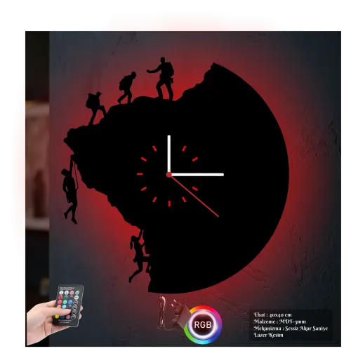 Dağcı Temalı RGB Uzaktan Kumandalı 40x40cm Siyah MDF Duvar Saati