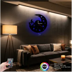 Deniz Kızı Temalı RGB Uzaktan Kumandalı 40x40cm Siyah MDF Duvar Saati