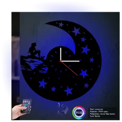 Deniz Kızı Temalı RGB Uzaktan Kumandalı 40x40cm Siyah MDF Duvar Saati