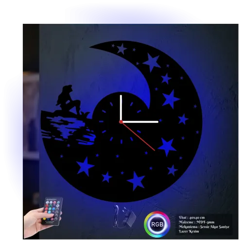 Deniz Kızı Temalı RGB Uzaktan Kumandalı 40x40cm Siyah MDF Duvar Saati