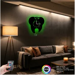 Diş Hekimi Temalı RGB Uzaktan Kumandalı 40x40cm Siyah MDF Duvar Saati