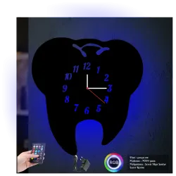 Diş Hekimi Temalı RGB Uzaktan Kumandalı 40x40cm Siyah MDF Duvar Saati
