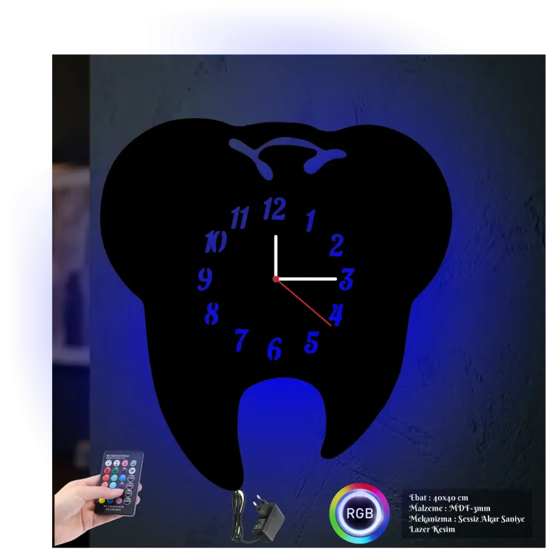 Diş Hekimi Temalı RGB Uzaktan Kumandalı 40x40cm Siyah MDF Duvar Saati
