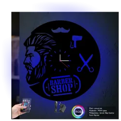 Erkek kuaförü Temalı RGB Uzaktan Kumandalı 40x40cm Siyah MDF Duvar Saati