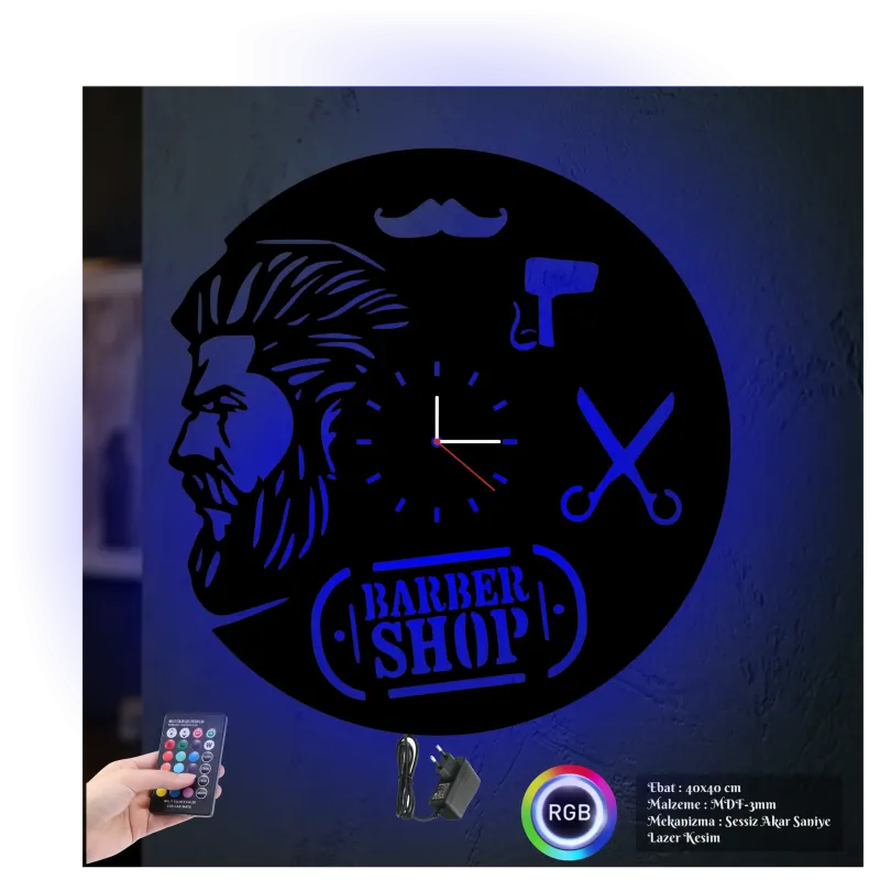 Erkek kuaförü Temalı RGB Uzaktan Kumandalı 40x40cm Siyah MDF Duvar Saati
