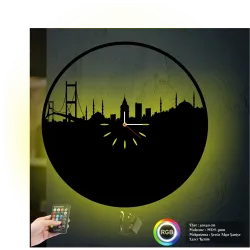 İstanbul Boğazköprüsü Temalı  RGB Uzaktan Kumandali 40x40cm Siyah MDF Duvar Saati