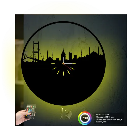 İstanbul Boğazköprüsü Temalı  RGB Uzaktan Kumandali 40x40cm Siyah MDF Duvar Saati