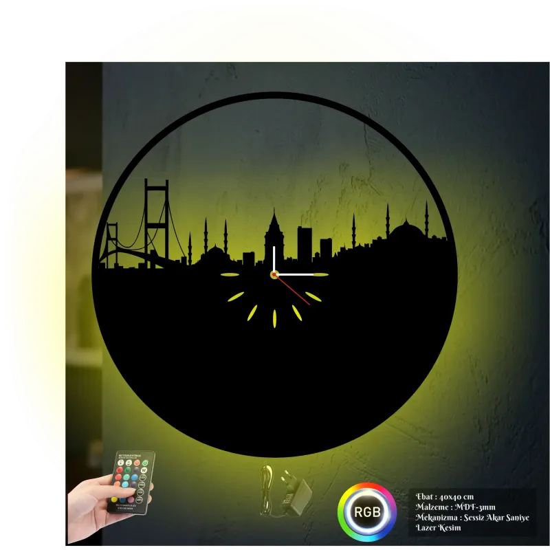 İstanbul Boğazköprüsü Temalı  RGB Uzaktan Kumandali 40x40cm Siyah MDF Duvar Saati