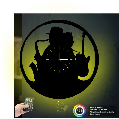 Jaz Müzik Temalı  RGB Uzaktan Kumandali 40x40cm Siyah MDF Duvar Saati