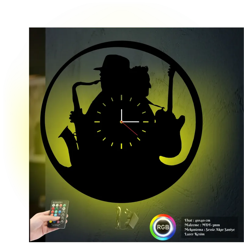 Jaz Müzik Temalı  RGB Uzaktan Kumandali 40x40cm Siyah MDF Duvar Saati