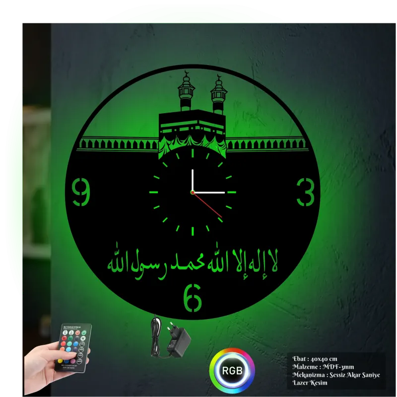 Kabe Temalı  RGB Uzaktan Kumandali 40x40cm Siyah MDF Duvar Saati