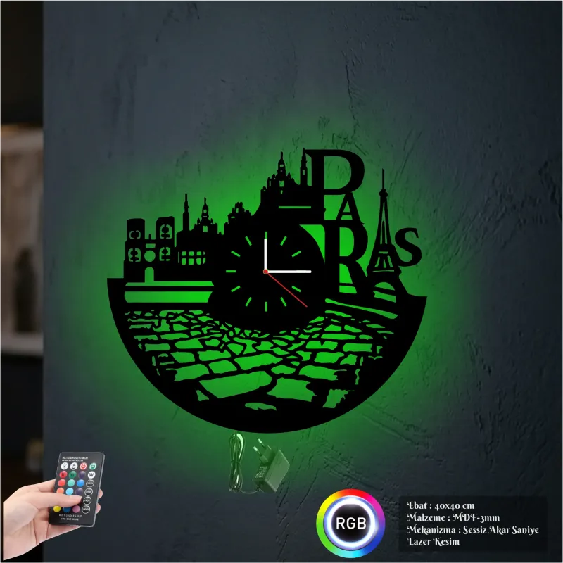Fransa Paris  Temalı RGB Uzaktan Kumandalı 40x40cm Siyah MDF Duvar Saati