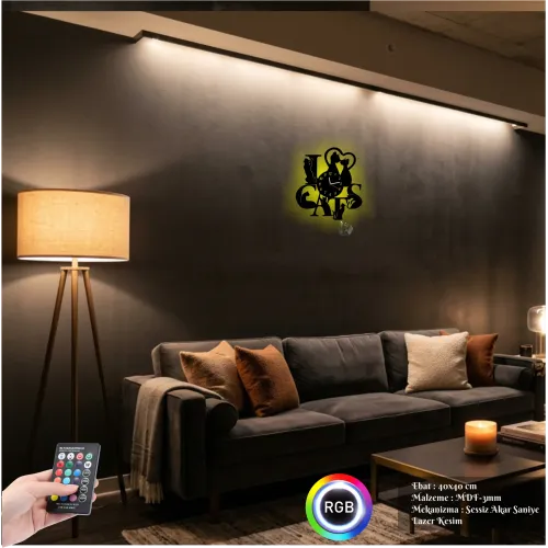 Kedi Temalı RGB Işıklı MDF Duvar Saati - Uzaktan Kumandalı