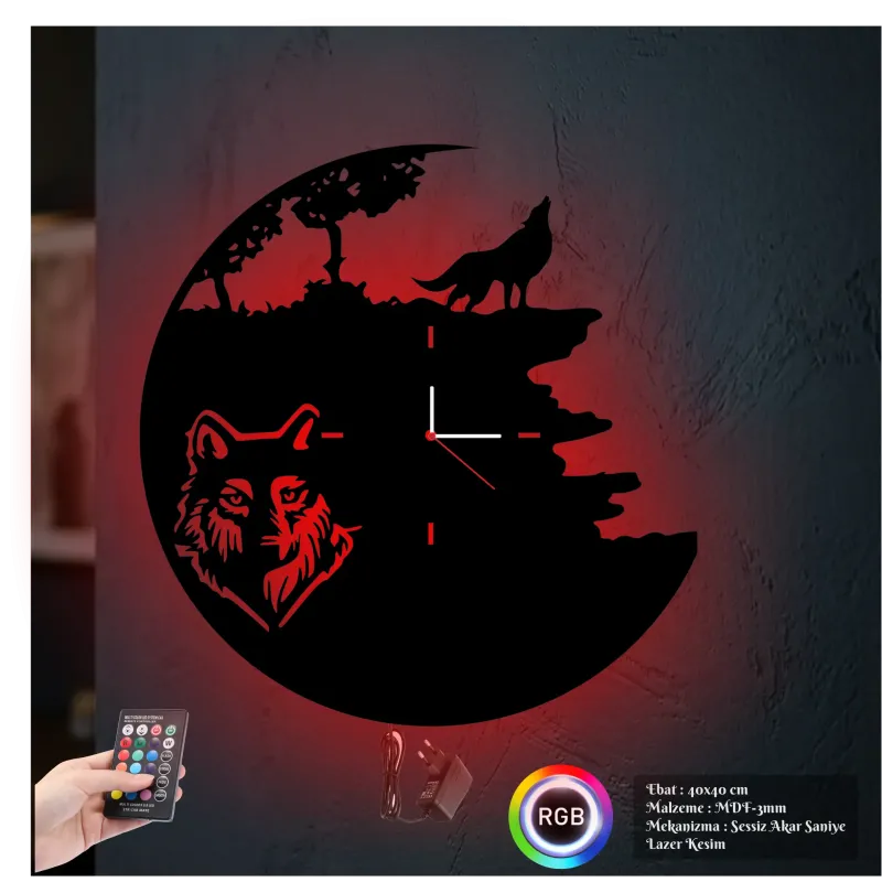 Kurt Köpek Figürlü RGB LED Işıklı MDF Duvar Saati