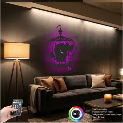 Kuş Kafesi Figürlü RGB LED Işıklı MDF Duvar Saati