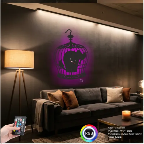 Kuş Kafesi Figürlü RGB LED Işıklı MDF Duvar Saati