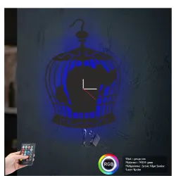 Kuş Kafesi Figürlü RGB LED Işıklı MDF Duvar Saati