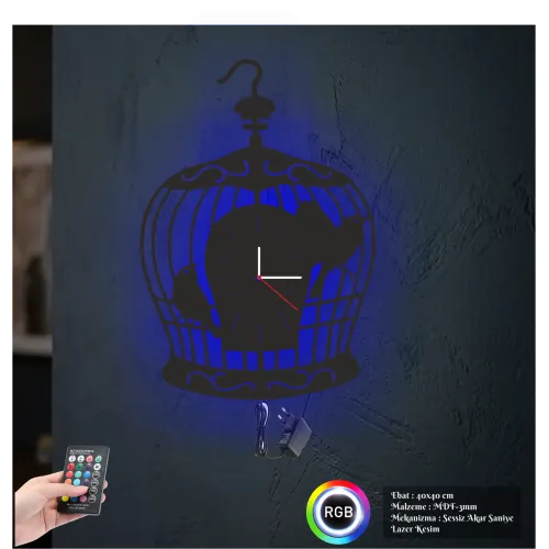 Kuş Kafesi Figürlü RGB LED Işıklı MDF Duvar Saati