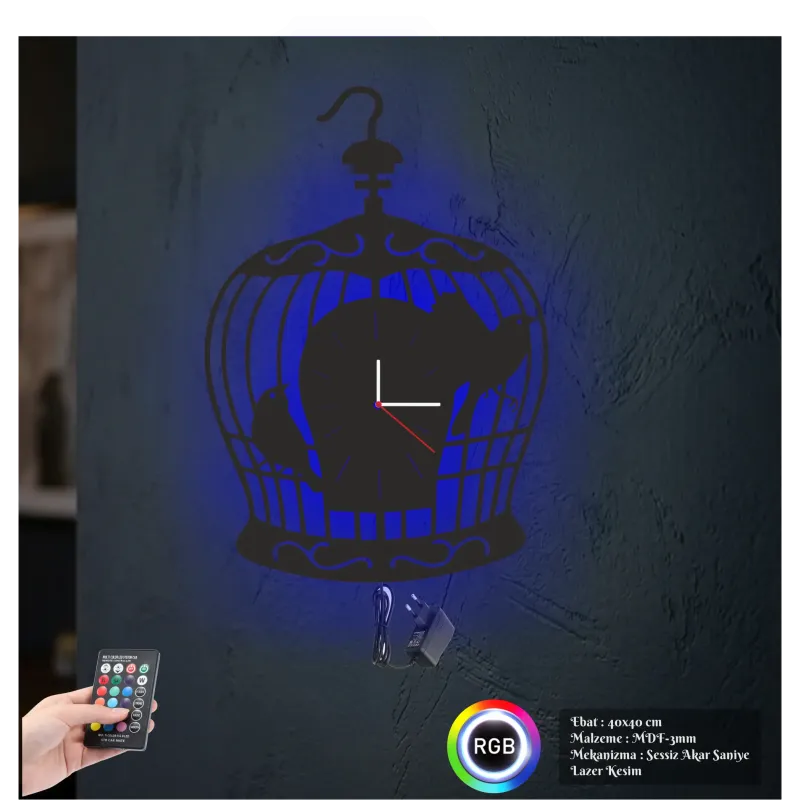 Kuş Kafesi Figürlü RGB LED Işıklı MDF Duvar Saati