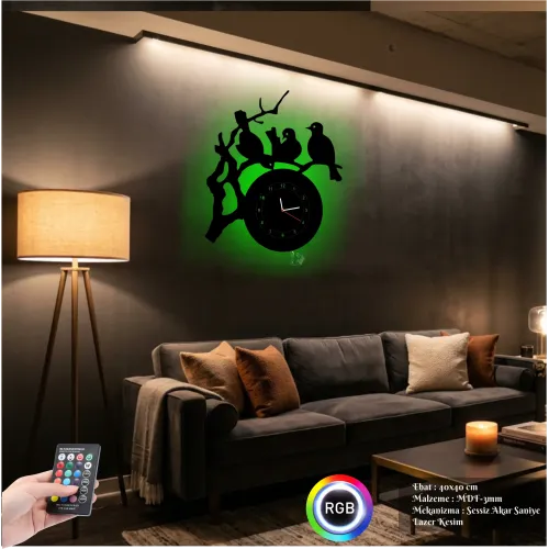 Kuşlar Dalda Figürlü RGB LED Işıklı MDF Duvar Saati
