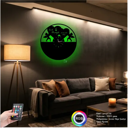 Luvivia Melekler Kalp Figürlü RGB LED Işıklı MDF Duvar Saati