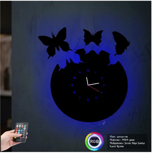 Melekler Uçuyor Figürlü RGB LED Işıklı MDF Duvar Saati - Luv…