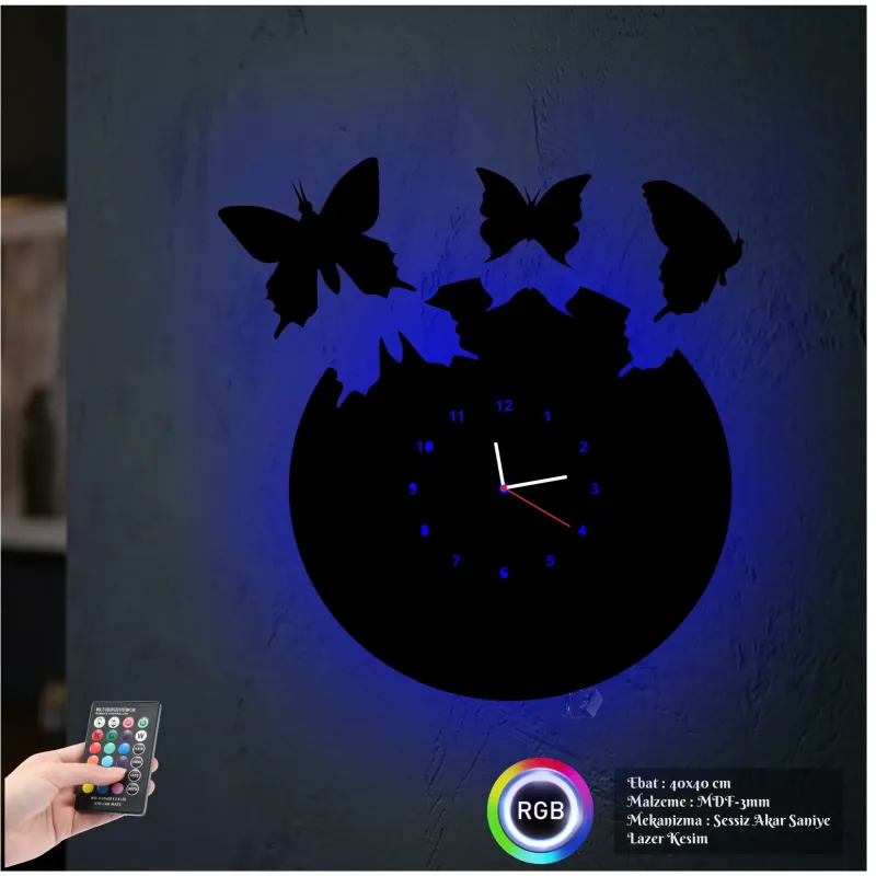 Melekler Uçuyor Figürlü RGB LED Işıklı MDF Duvar Saati - Luvivia